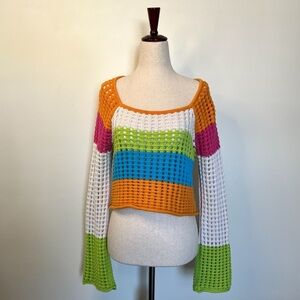 Wild Fable Rainbow Crochet Knit Sweater Cropped Oversized size Small
